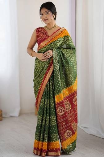 Green bandhani zari pure cotton bandhani saree