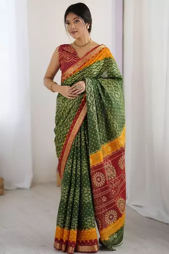 Green bandhani zari pure cotton bandhani saree