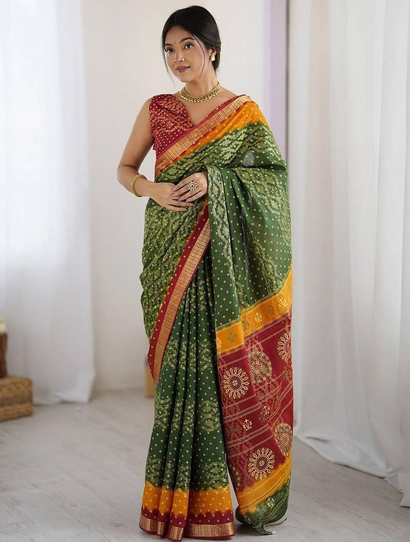 Green bandhani zari pure cotton bandhani saree