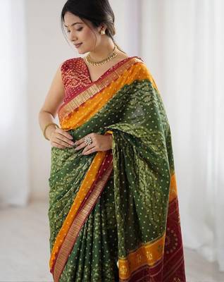 Green bandhani zari pure cotton bandhani saree 2