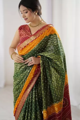 Green bandhani zari pure cotton bandhani saree