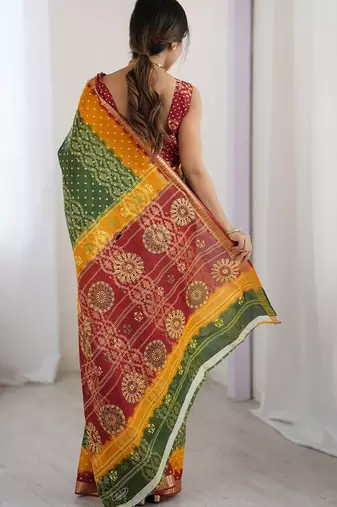 Green bandhani zari pure cotton bandhani saree