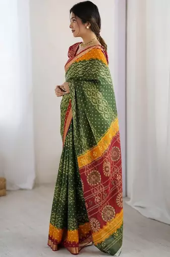 Green bandhani zari pure cotton bandhani saree