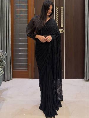 Black woven design pure georgette fusion saree 1