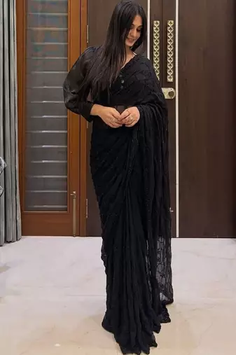 Black woven design pure georgette fusion saree