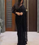 Black woven design pure georgette fusion saree