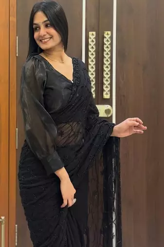 Black woven design pure georgette fusion saree