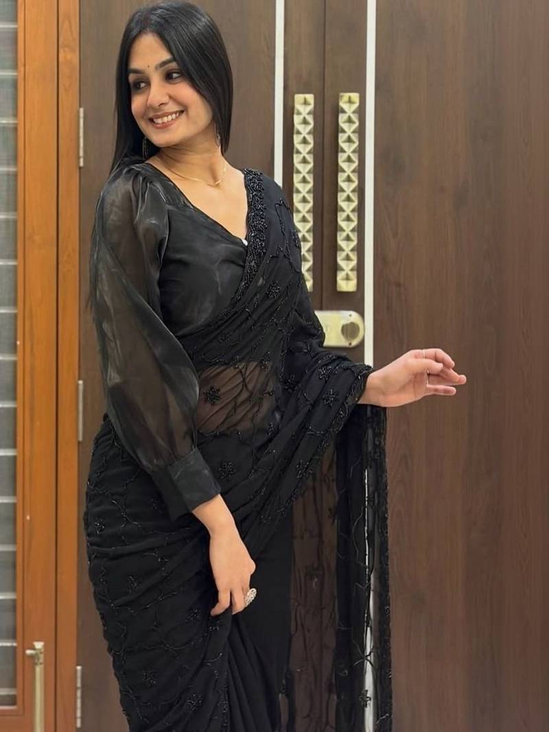 Black woven design pure georgette fusion saree