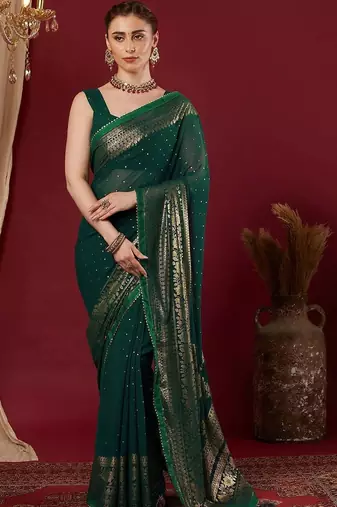 Green polka dot pure georgette fusion saree