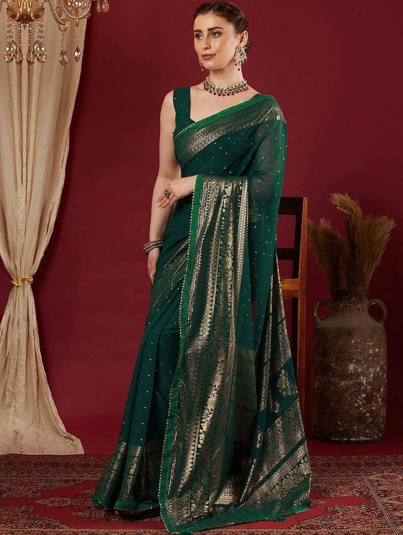 Green polka dot pure georgette fusion saree