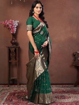 Green green art silk woven design sarees 2