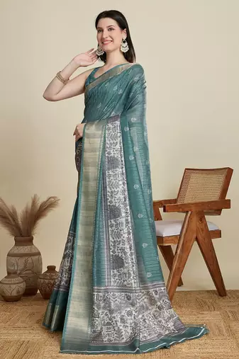 Teal ethnic motifs printed zari saree