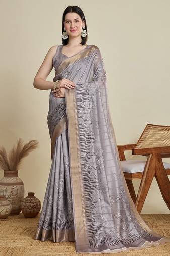 Grey floral printed zari weaving border saree