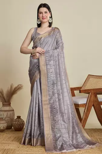 Grey floral printed zari weaving border saree