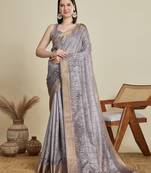 Grey floral printed zari weaving border saree