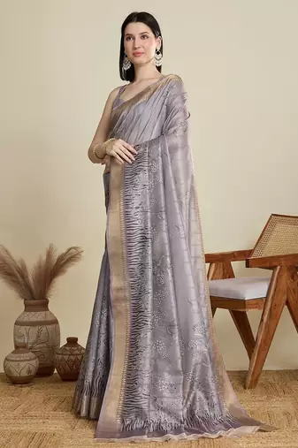 Grey floral printed zari weaving border saree