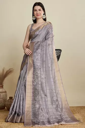 Grey floral printed zari weaving border saree