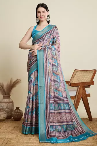 Pink abstract print zari saree with unstitched blouse piece