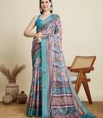 Pink abstract print zari saree with unstitched blouse piece