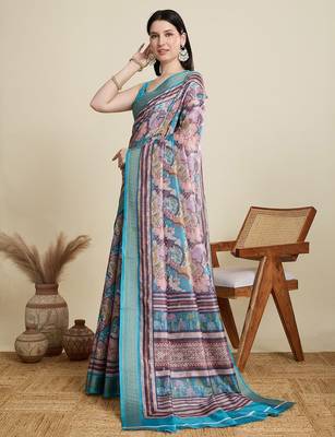 Pink abstract print zari saree with unstitched blouse piece 2