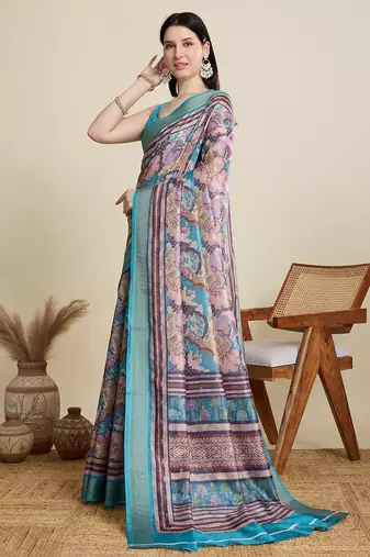 Pink abstract print zari saree with unstitched blouse piece