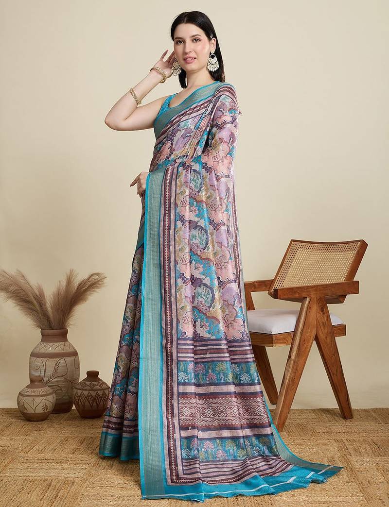 Pink abstract print zari saree with unstitched blouse piece