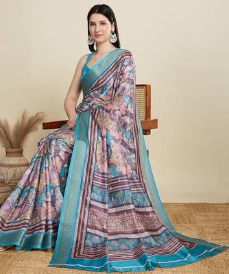 Pink abstract print zari saree with unstitched blouse piece 4