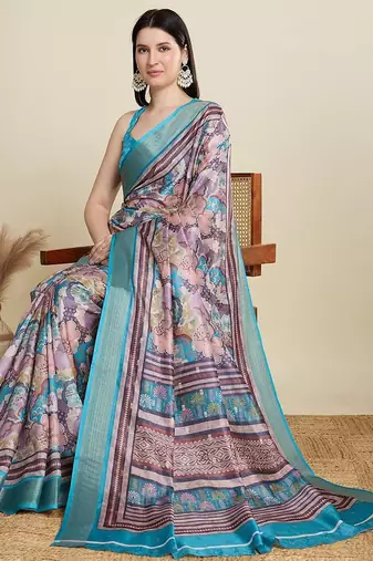 Pink abstract print zari saree with unstitched blouse piece