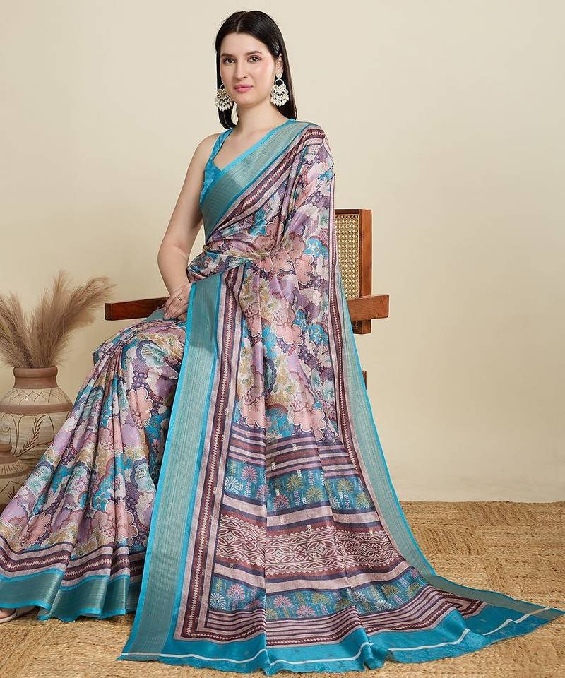 Pink abstract print zari saree with unstitched blouse piece
