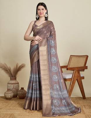 Brown ethnic motifs printed zari saree 1