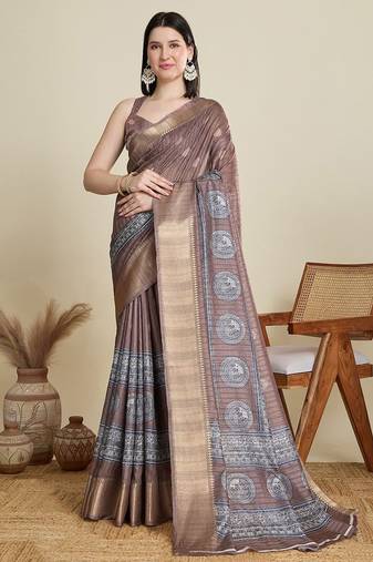 Brown ethnic motifs printed zari saree