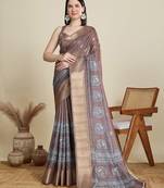 Brown ethnic motifs printed zari saree