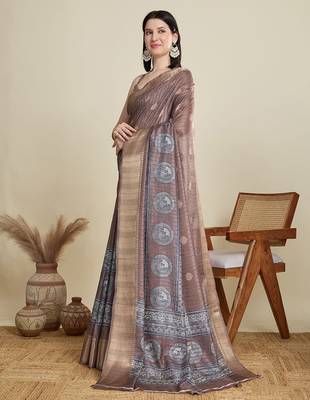 Brown ethnic motifs printed zari saree 2