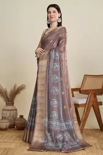 Brown ethnic motifs printed zari saree