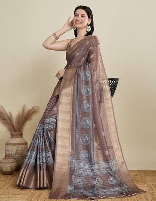Brown ethnic motifs printed zari saree 4