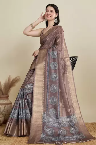 Brown ethnic motifs printed zari saree