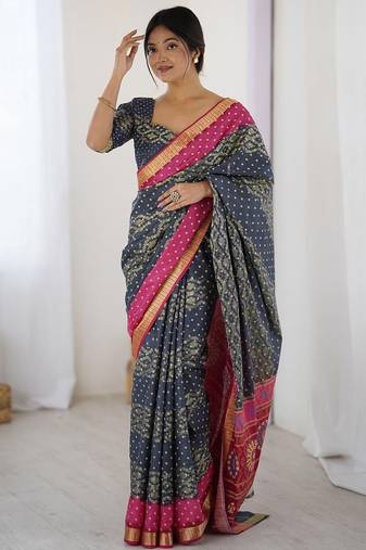 Charcoal bandhani emblelished charcoal pure cotton saree