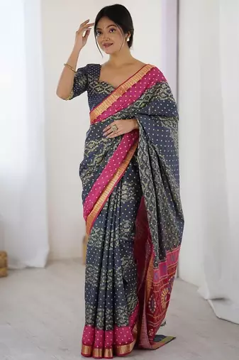 Charcoal bandhani emblelished charcoal pure cotton saree