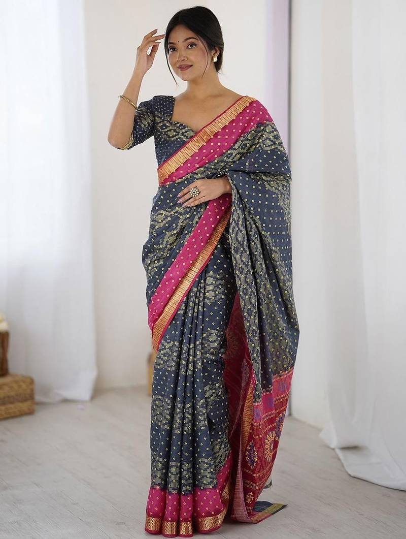 Charcoal bandhani emblelished charcoal pure cotton saree