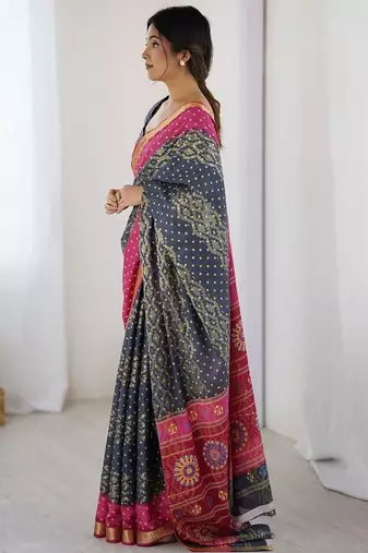 Charcoal bandhani emblelished charcoal pure cotton saree
