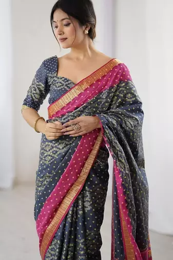 Charcoal bandhani emblelished charcoal pure cotton saree