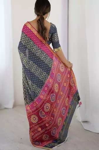 Charcoal bandhani emblelished charcoal pure cotton saree