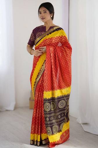 Red zari pure cotton bandhani saree