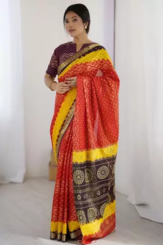 Red zari pure cotton bandhani saree