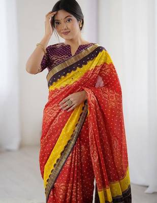 Red zari pure cotton bandhani saree 2