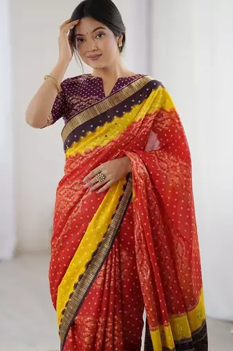 Red zari pure cotton bandhani saree