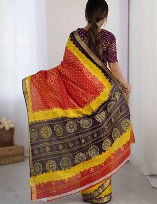 Red zari pure cotton bandhani saree 3