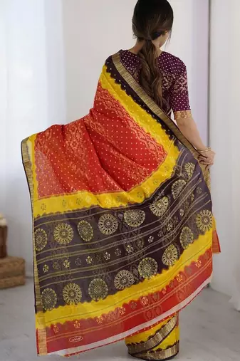 Red zari pure cotton bandhani saree