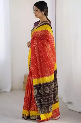Red zari pure cotton bandhani saree