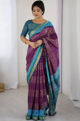 Purple bandhani zari pure cotton bandhani saree